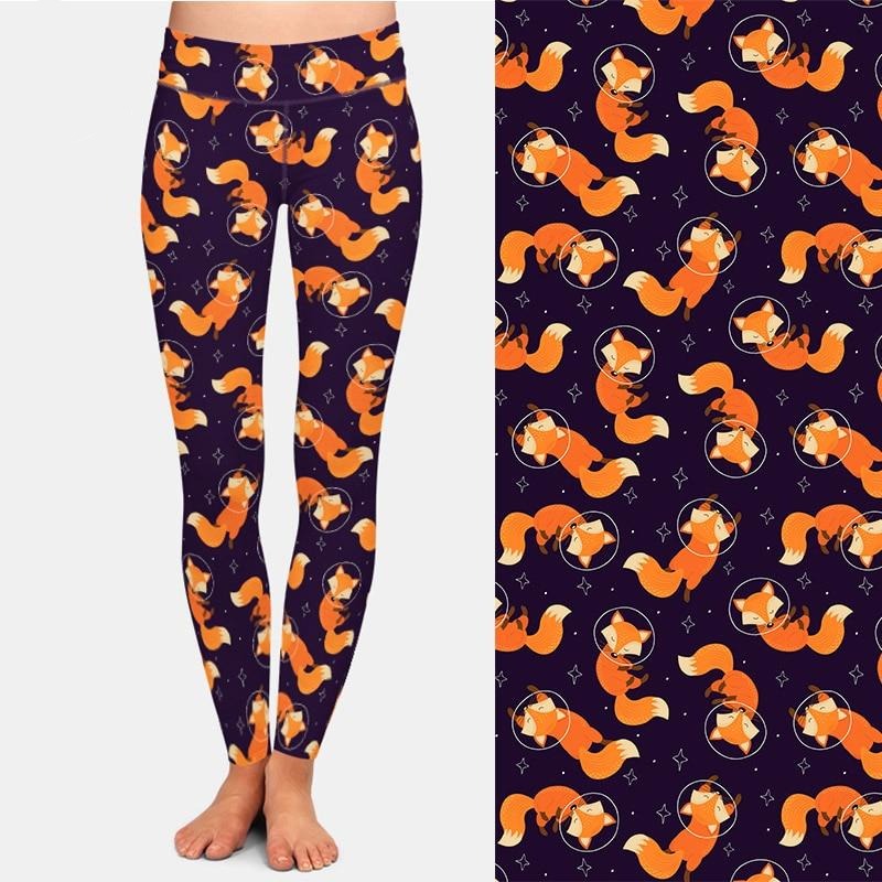 Fashion Cartoon Fox Print Girls Leggings High Waist High Elastic 220gsm Double Side Brushed Milk Silk | Vimost Shop.