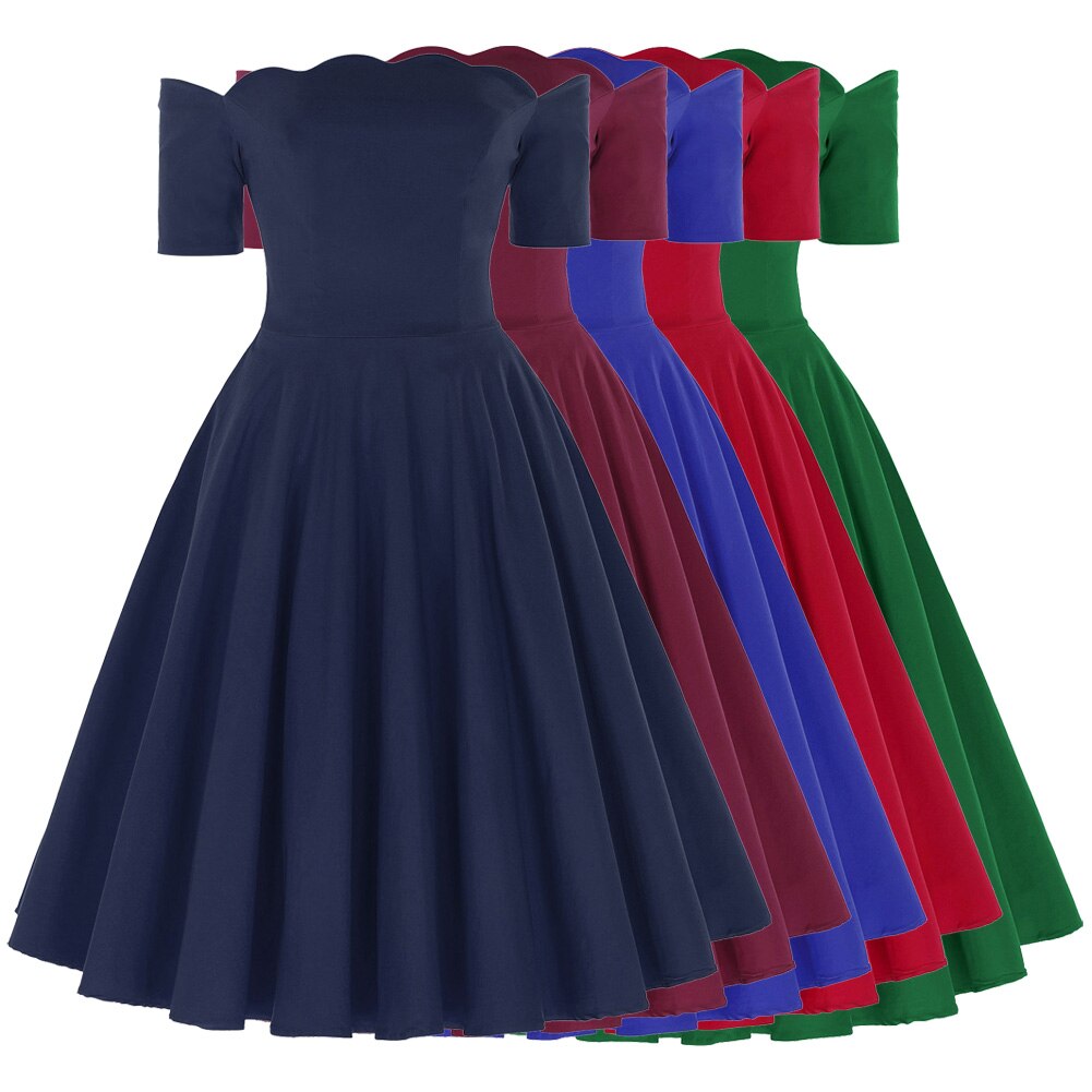 Elegant dress Retro Vintage women 50s 60s pleated plain Color Short Sleeve Off Shoulder knee Flared A-Line party Dress vestido