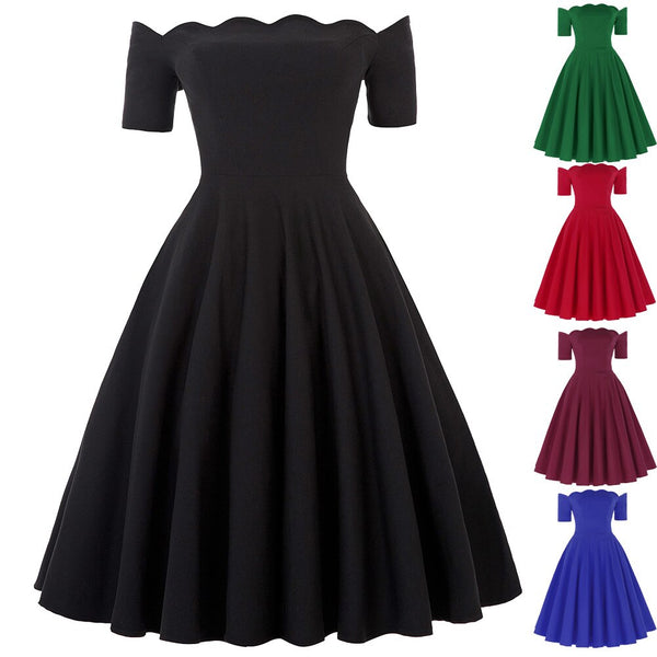 Elegant dress Retro Vintage women 50s 60s pleated plain Color Short Sleeve Off Shoulder knee Flared A-Line party Dress vestido