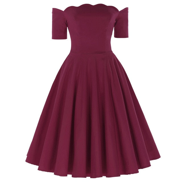 Elegant dress Retro Vintage women 50s 60s pleated plain Color Short Sleeve Off Shoulder knee Flared A-Line party Dress vestido
