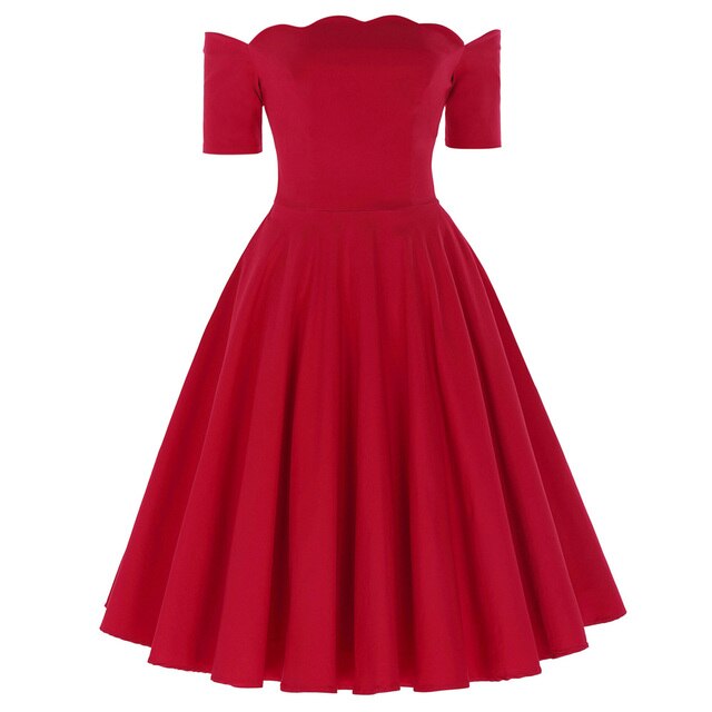 Elegant dress Retro Vintage women 50s 60s pleated plain Color Short Sleeve Off Shoulder knee Flared A-Line party Dress vestido