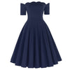 Elegant dress Retro Vintage women 50s 60s pleated plain Color Short Sleeve Off Shoulder knee Flared A-Line party Dress vestido