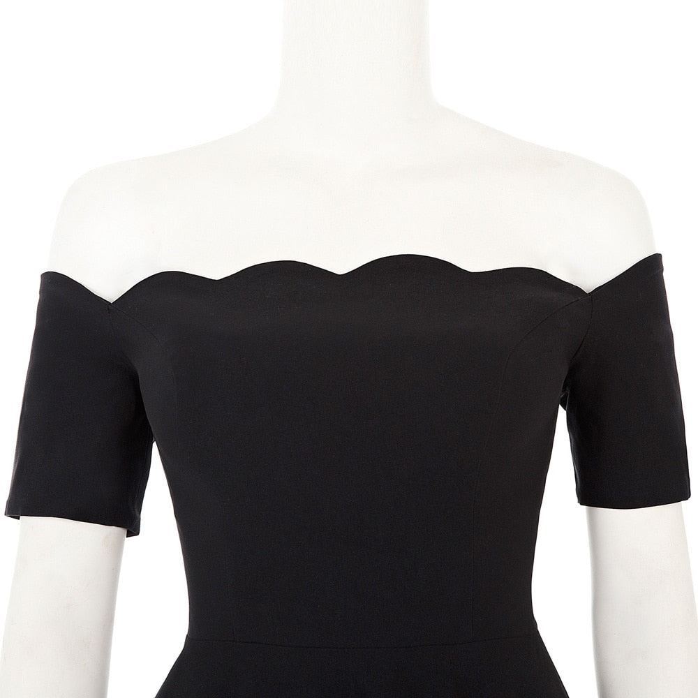 Elegant dress Retro Vintage women 50s 60s pleated plain Color Short Sleeve Off Shoulder knee Flared A-Line party Dress vestido