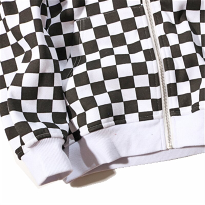 Mens Harajuku Hip Hop Zip Up Hoodie Sweatshirt Black White Checkerboard Plaid Hoodie Streetwear Fleece Hooded Hipster | Vimost Shop.