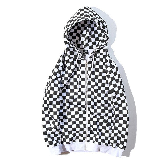 Mens Harajuku Hip Hop Zip Up Hoodie Sweatshirt Black White Checkerboard Plaid Hoodie Streetwear Fleece Hooded Hipster | Vimost Shop.