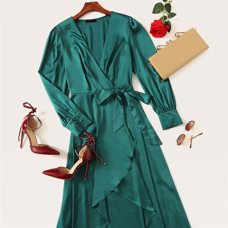 Green Solid Surplice Wrap Knot High Waist Belted Maxi Plain V Neck Dress Women Casual Summer Modern Lady Elegant Dress | Vimost Shop.