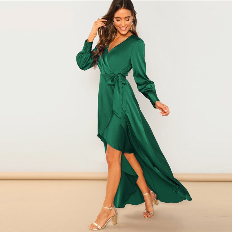Green Solid Surplice Wrap Knot High Waist Belted Maxi Plain V Neck Dress Women Casual Summer Modern Lady Elegant Dress | Vimost Shop.