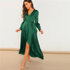 Green Solid Surplice Wrap Knot High Waist Belted Maxi Plain V Neck Dress Women Casual Summer Modern Lady Elegant Dress | Vimost Shop.