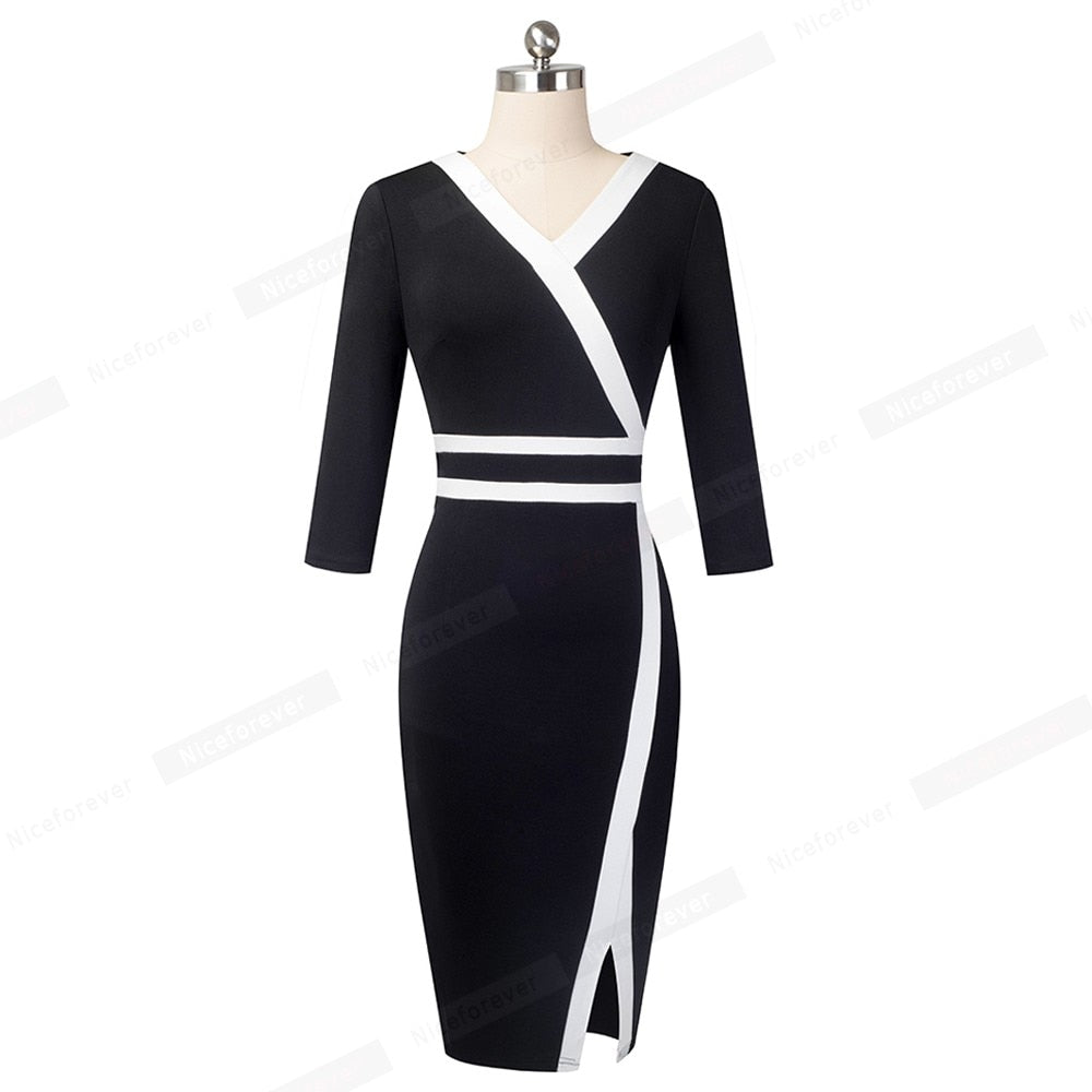 Vintage Black and White Patchwork Office Work vestidos Business Party Bodycon Elegant Women Autumn Dress | Vimost Shop.