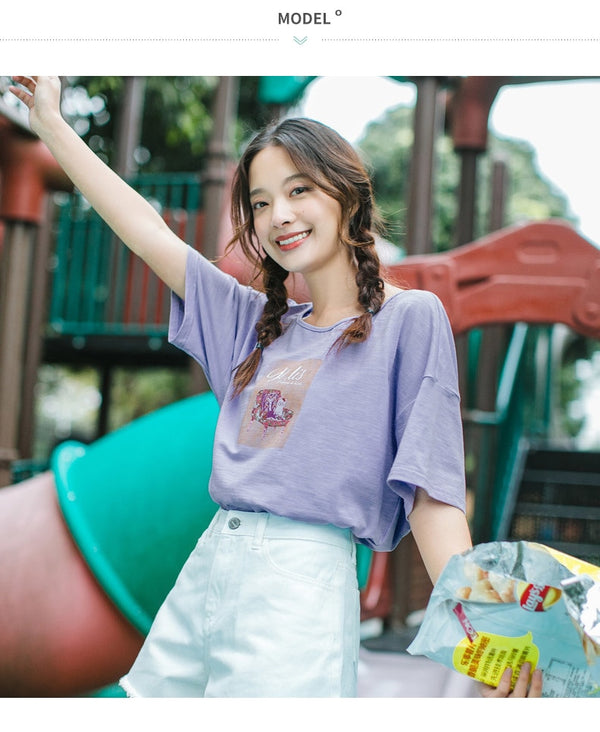 Summer O-neck Print Korean Fashion Student Style All Matched Loose Slim Women T-shirt | Vimost Shop.