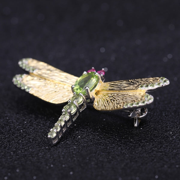 1.13Ct Natural Green Peridot Gemstone Brooch 925 Sterling Sliver Handmade Dragonfly Brooches For Women Dresses | Vimost Shop.