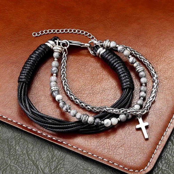 Trendsmax Natural Tiger Eye Stone Beaded Bracelet for men boy women Stainless Steel Cross Charm Leather Bracelet Jewelry | Vimost Shop.