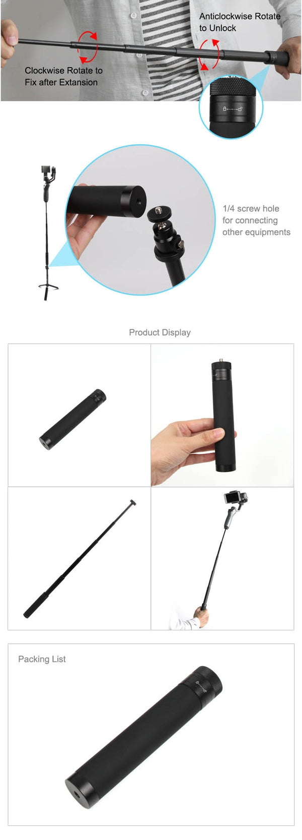 Gimbal Extension Pole, Lightweight Aluminum Telescopic Rod for DJI OSMO Mobile 2 Zhiyun Smartphone Stabilizer and DSLR Camera | Vimost Shop.