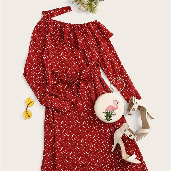 Polka Dot Print Ruffle Trim Cut Out Neck Sexy Dress Women Clothes Spring Glamorous Long Sleeve Belted Midi Dress | Vimost Shop.