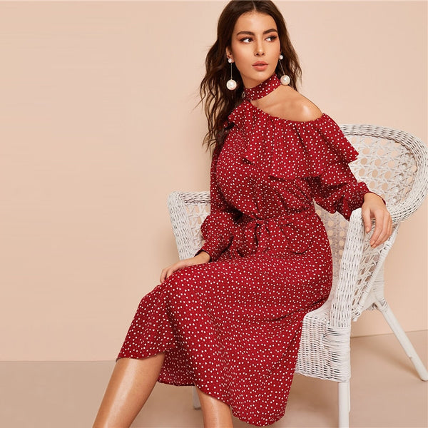 Polka Dot Print Ruffle Trim Cut Out Neck Sexy Dress Women Clothes Spring Glamorous Long Sleeve Belted Midi Dress | Vimost Shop.