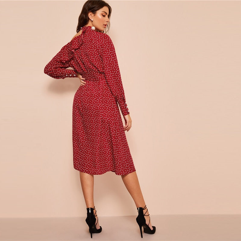 Polka Dot Print Ruffle Trim Cut Out Neck Sexy Dress Women Clothes Spring Glamorous Long Sleeve Belted Midi Dress | Vimost Shop.