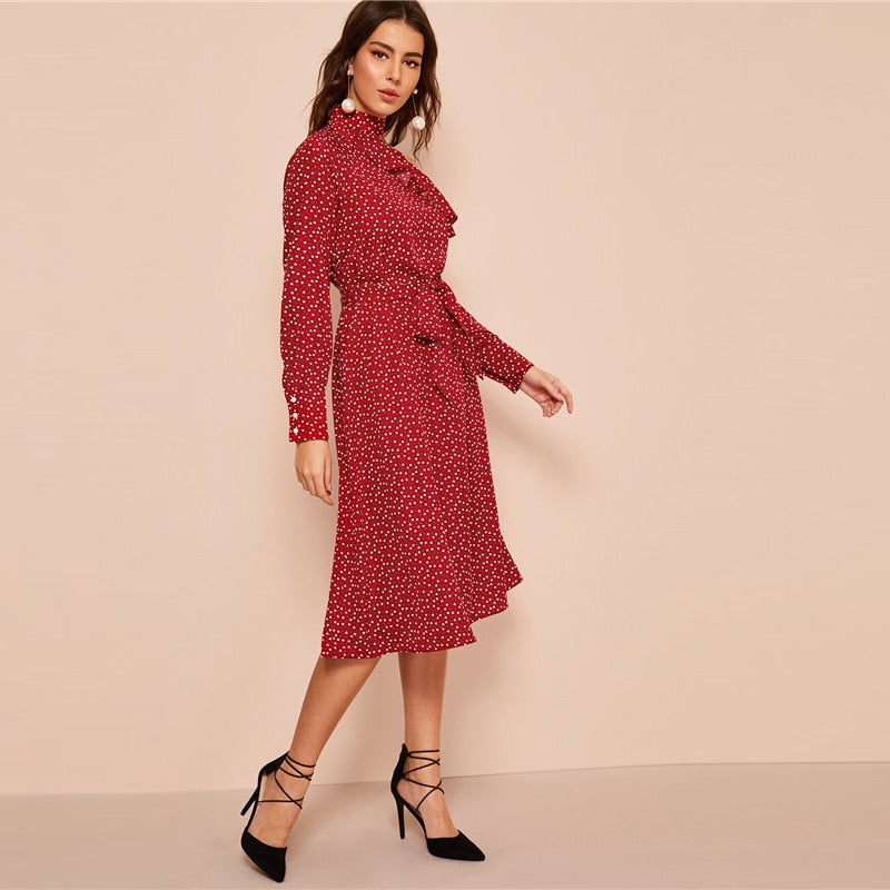 Polka Dot Print Ruffle Trim Cut Out Neck Sexy Dress Women Clothes Spring Glamorous Long Sleeve Belted Midi Dress | Vimost Shop.