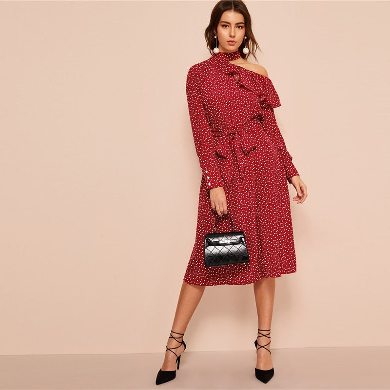 Polka Dot Print Ruffle Trim Cut Out Neck Sexy Dress Women Clothes Spring Glamorous Long Sleeve Belted Midi Dress | Vimost Shop.