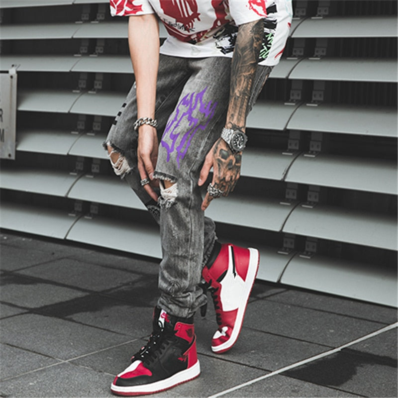 Hip Hop Men Jogger Denim Pants Skinny Washed Distressed Jeans Graffiti Print Streetwear Destroyed Ripped Jeans | Vimost Shop.