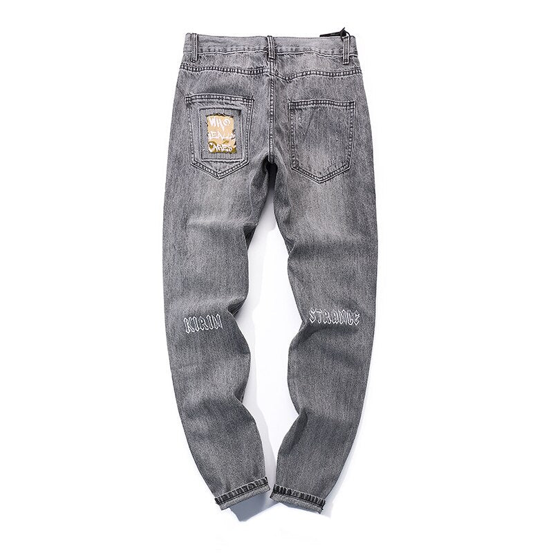 Hip Hop Men Jogger Denim Pants Skinny Washed Distressed Jeans Graffiti Print Streetwear Destroyed Ripped Jeans | Vimost Shop.