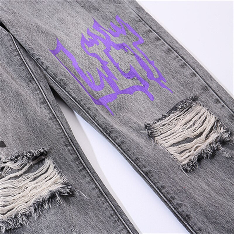 Hip Hop Men Jogger Denim Pants Skinny Washed Distressed Jeans Graffiti Print Streetwear Destroyed Ripped Jeans | Vimost Shop.