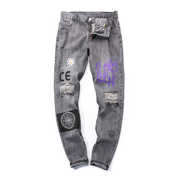 Hip Hop Men Jogger Denim Pants Skinny Washed Distressed Jeans Graffiti Print Streetwear Destroyed Ripped Jeans | Vimost Shop.