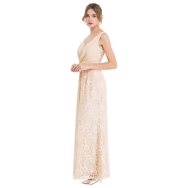 Women's V Neck Lace Evening Dress Pleated Ribbon Mermaid Party Gown Apricot | Vimost Shop.