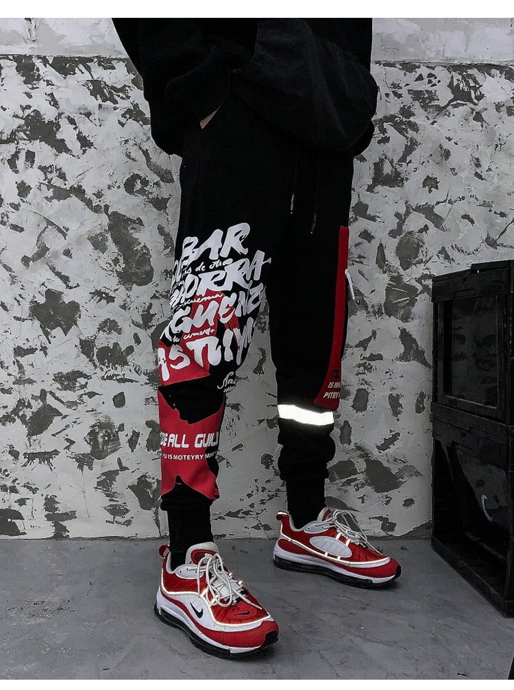 Sweatpants Cool Letter Print Pants Men Harajuku Patchwork Ribbon Harem Pants Streetwear | Vimost Shop.