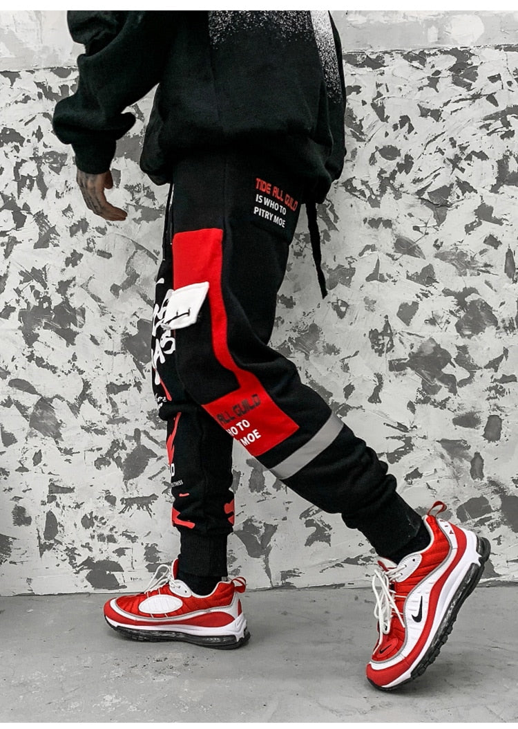 Sweatpants Cool Letter Print Pants Men Harajuku Patchwork Ribbon Harem Pants Streetwear | Vimost Shop.