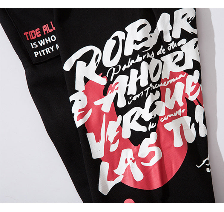 Sweatpants Cool Letter Print Pants Men Harajuku Patchwork Ribbon Harem Pants Streetwear | Vimost Shop.