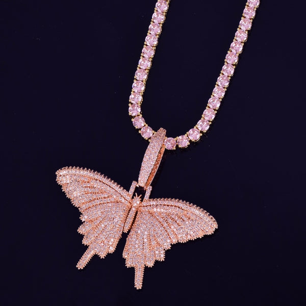 Pink Color Animal butterfly Pendant Necklace Charm Tennis Chain & Cuban chain Gold Color Cubic Zircon Men's Hip hop Rock Jewelry | Vimost Shop.