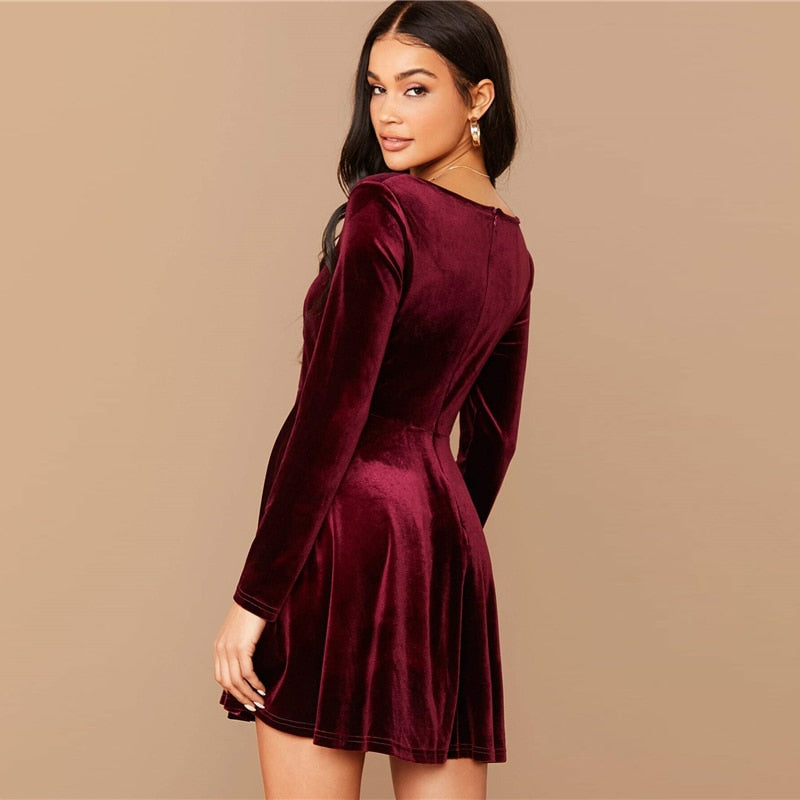 Solid Square Neck Flared Elegant Velvet Dress Women Spring High Waist Long Sleeve Ladies Fit And Flare Party Short Dresses | Vimost Shop.