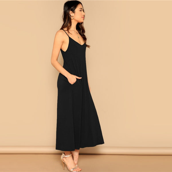 Pocket Patched Swing Cami Summer Dress Women Clothes Solid Casual Sleeveless Straight Maxi Dress Ladies Black Dress | Vimost Shop.