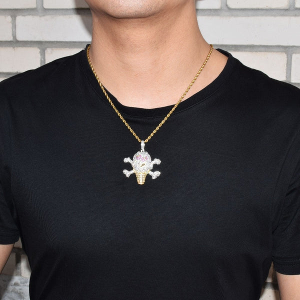 Skull ice cream shape Necklace& Pendant Free Rope Chain Gold Color AAA Cubic Zircon Men's Hip Hop Jewelry For Gift | Vimost Shop.