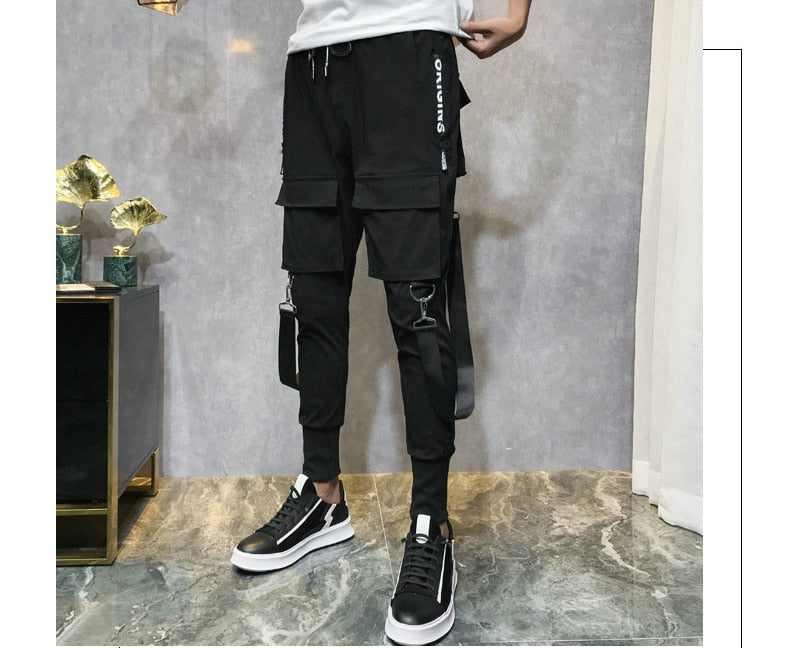 Streetwear Men Ribbons Color Block Black Pocket Cargo Pants  Harem Joggers Harajuku Sweatpant Hip Hop Trousers Casual Pants | Vimost Shop.