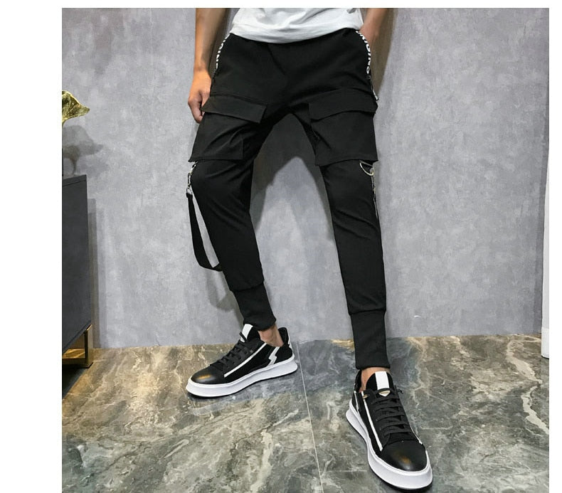 Streetwear Men Ribbons Color Block Black Pocket Cargo Pants  Harem Joggers Harajuku Sweatpant Hip Hop Trousers Casual Pants | Vimost Shop.