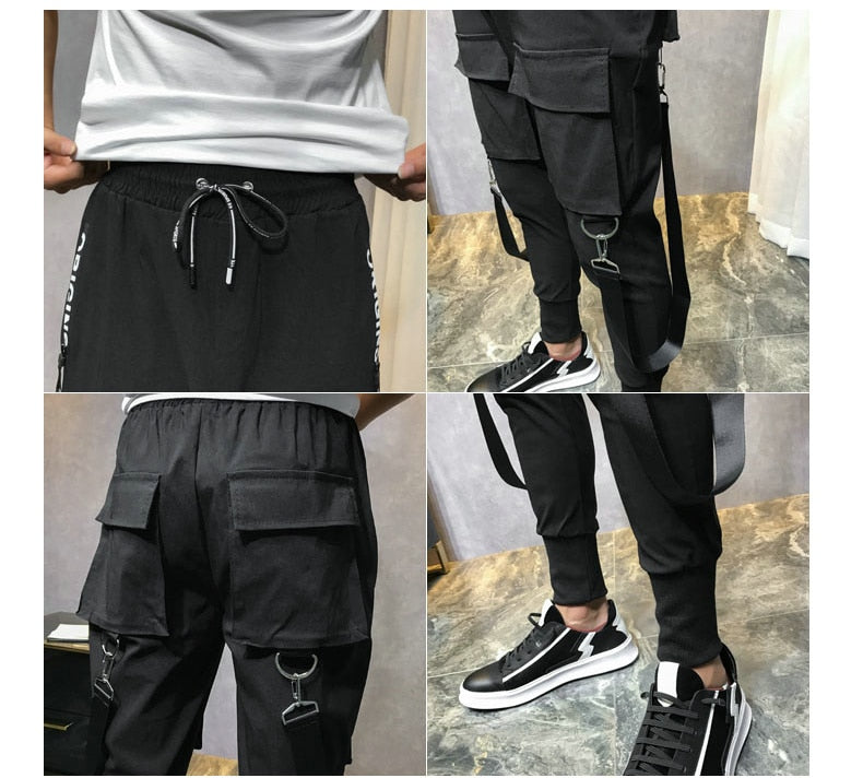 Streetwear Men Ribbons Color Block Black Pocket Cargo Pants  Harem Joggers Harajuku Sweatpant Hip Hop Trousers Casual Pants | Vimost Shop.