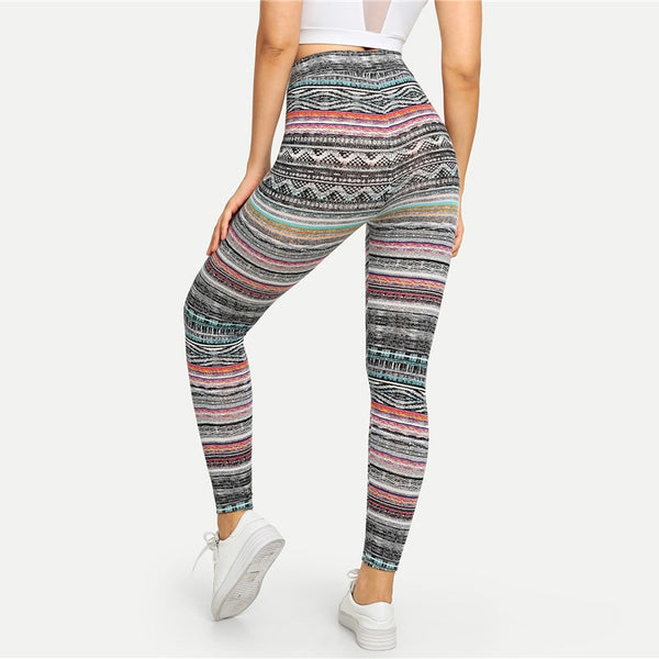Multicolor High Waist Tribal Print Leggings Casual Geometric Striped Pants Women Stretchy Autumn Sexy Sporting Trousers | Vimost Shop.