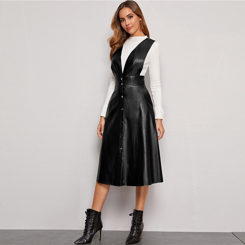 Plunging Neck Button Front PU Overall Dress Women Spring High Waist Sleeveless Fit and Flare Pinafore Elegant Long Dresses | Vimost Shop.
