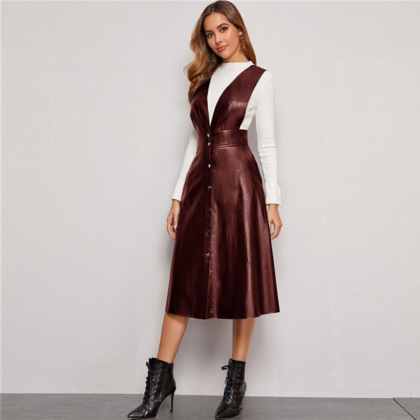 Plunging Neck Button Front PU Overall Dress Women Spring High Waist Sleeveless Fit and Flare Pinafore Elegant Long Dresses | Vimost Shop.