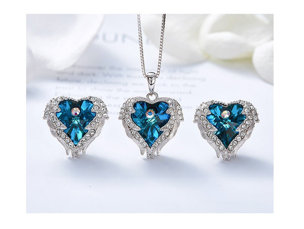 925 Sterling Silver Necklace Earrings Set Embellished with Crystal from Swarovski Fashion Jewelry Heart of Ocean Charm | Vimost Shop.