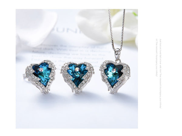 925 Sterling Silver Necklace Earrings Set Embellished with Crystal from Swarovski Fashion Jewelry Heart of Ocean Charm | Vimost Shop.