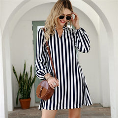 Notched Collar Striped Casual Shirt Dress Women  Spring High Street Long Sleeve Basic Ladies Short Tunic Dresses | Vimost Shop.