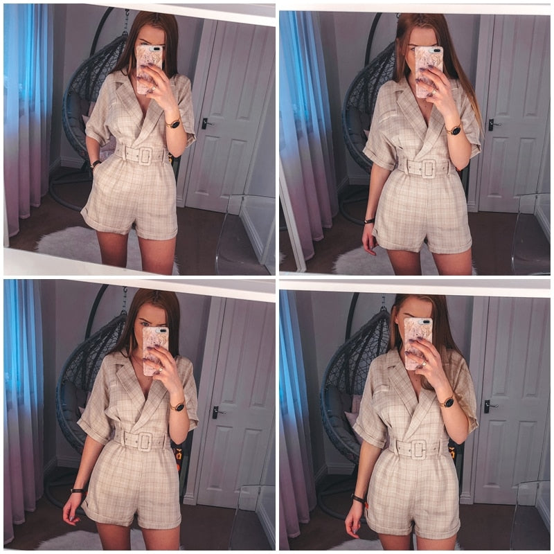 Simplee Classic plaid sash belt women playsuit Casual v-neck | Vimost Shop.