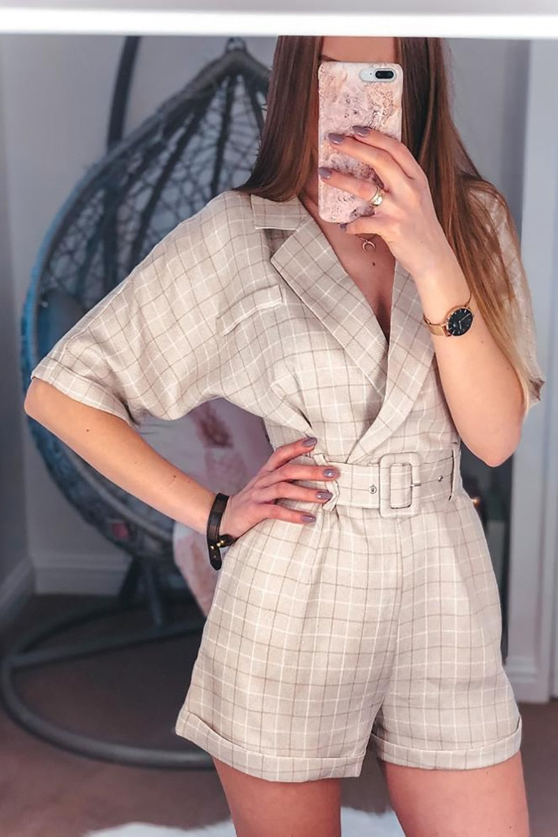 Simplee Classic plaid sash belt women playsuit Casual v-neck | Vimost Shop.