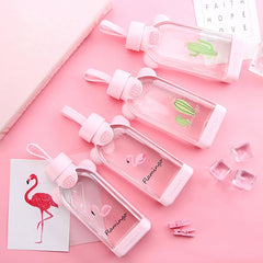 350ml Square Cartoon Flamingo/Cactus/Sakura Glass Drinking Water Bottle Cup Good heat resistance with cloth protection cover.