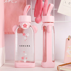 350ml Square Cartoon Flamingo/Cactus/Sakura Glass Drinking Water Bottle Cup Good heat resistance with cloth protection cover. | Vimost Shop.