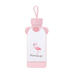 350ml Square Cartoon Flamingo/Cactus/Sakura Glass Drinking Water Bottle Cup Good heat resistance with cloth protection cover. | Vimost Shop.