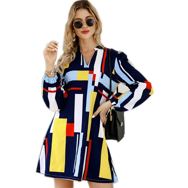 Geometric Print Notched Collar Casual Shirt Dress Women Spring Street Wear Long Sleeve Ladies Straight Short Dresses | Vimost Shop.