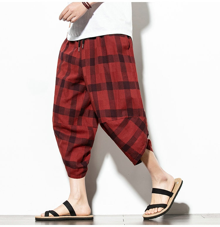 Streetwear Mens Cotton Beach Pants Male Summer Casual Calf-Length Pants Man Plaid Hip Hop Baggy Loose Trousers | Vimost Shop.
